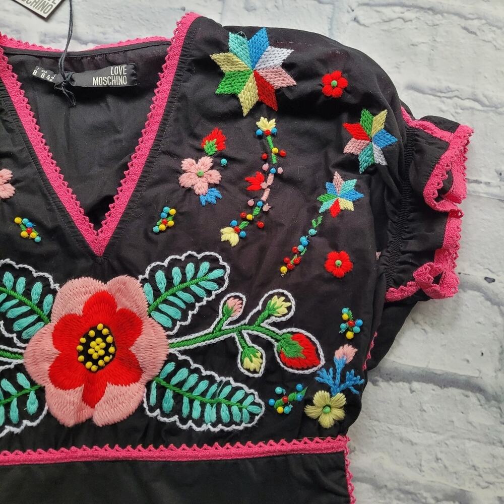 NWT Love Moschino Boho Embroidered Beaded Floral Black Dress Puff Sleeves size 6 - Picture 10 of 16